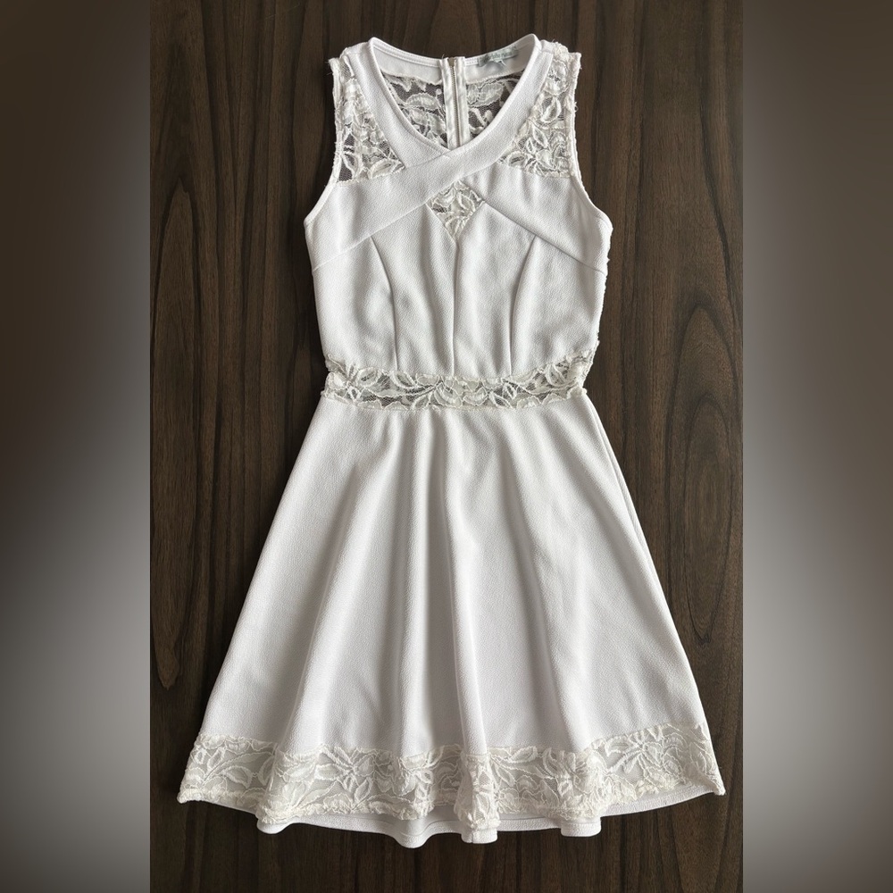 Charlotte Russe A-line mini dress with lace detail; white (size M)